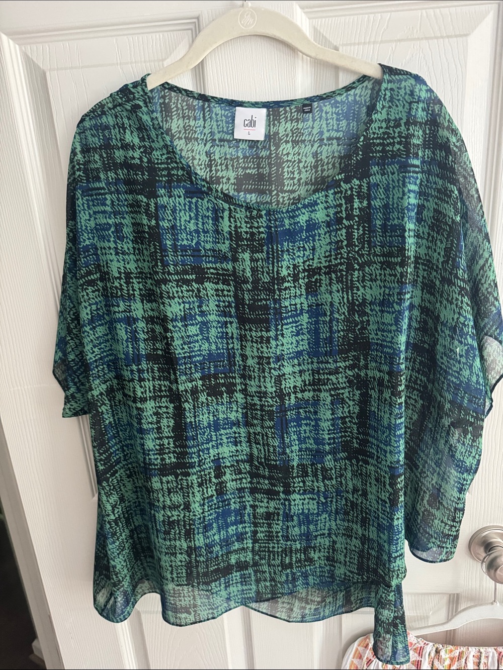 CAbi Green and Blue Abstract Plaid Sheer Blouse